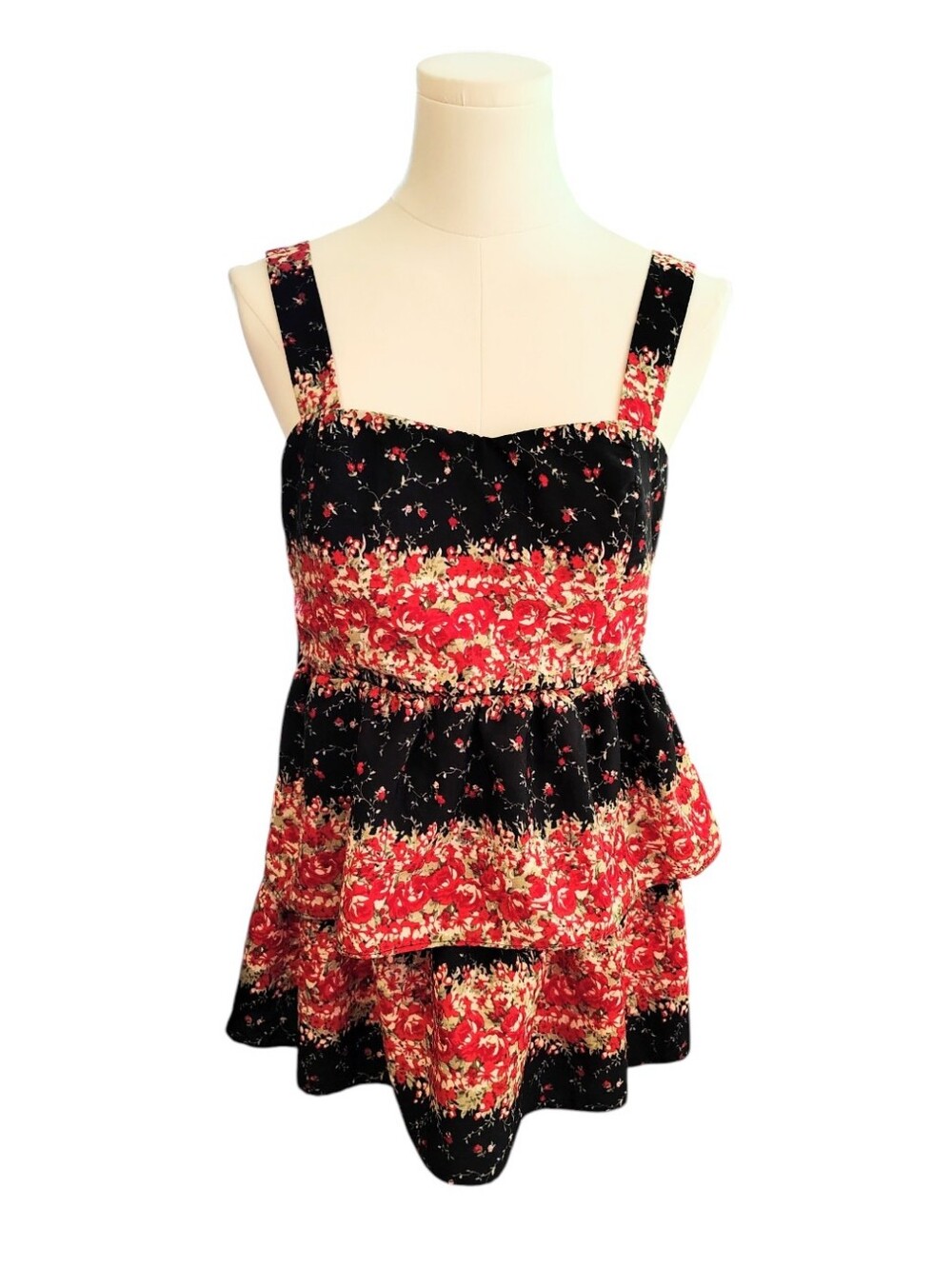 Wet Seal Vintage Black Red Smocked Floral Babydoll Dress Blouse Size Medium